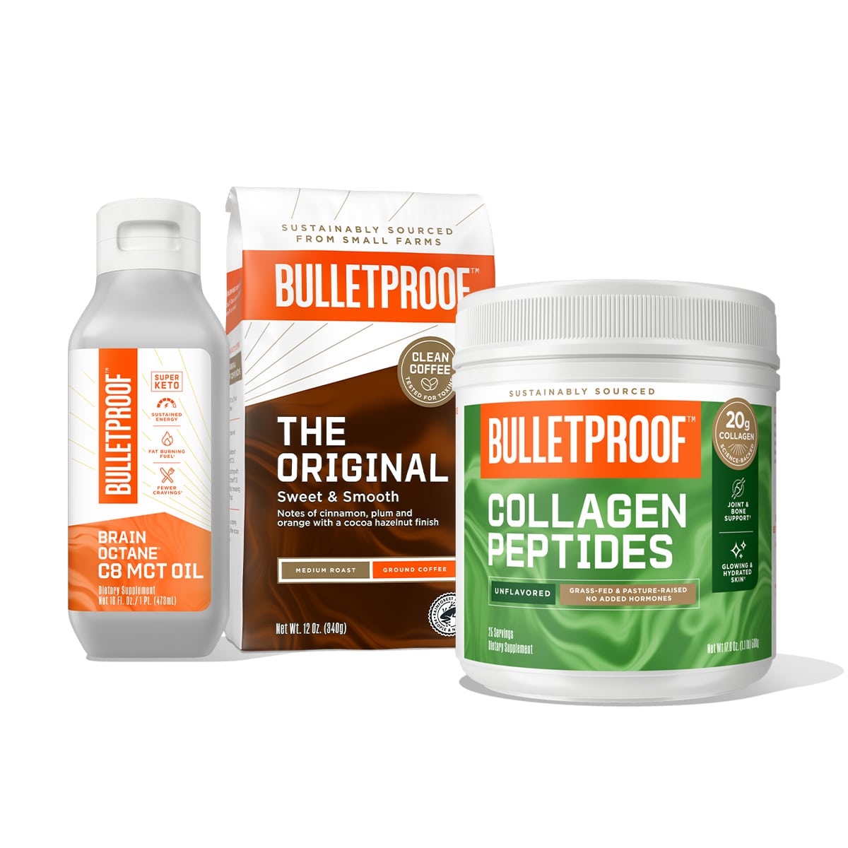 Ground Coffee, Brain Octane C8 MCT Oil and Collagen Peptides