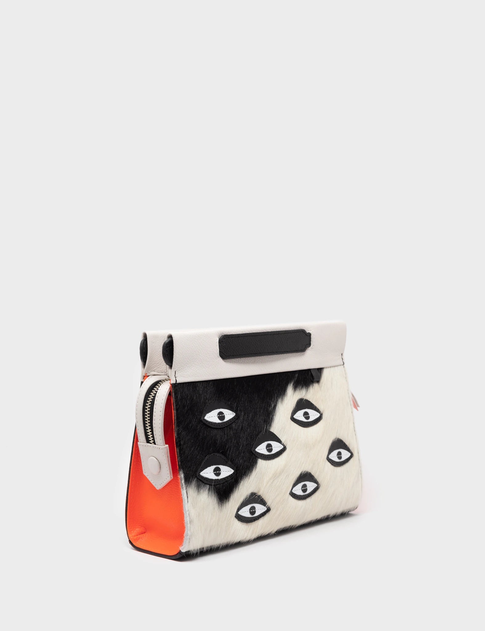 Vali Crossbody Small Black And Neon Orange Leather Bag - Eyes Applique Adjustable Handle