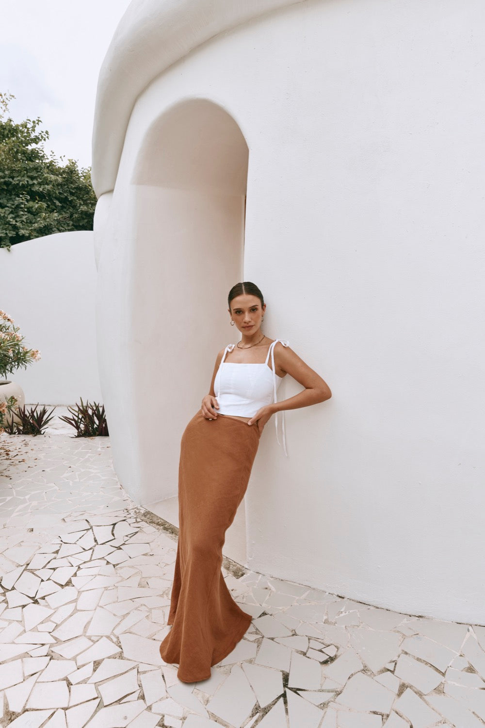 Italian Streets Linen Bias Cut Maxi Skirt Tan