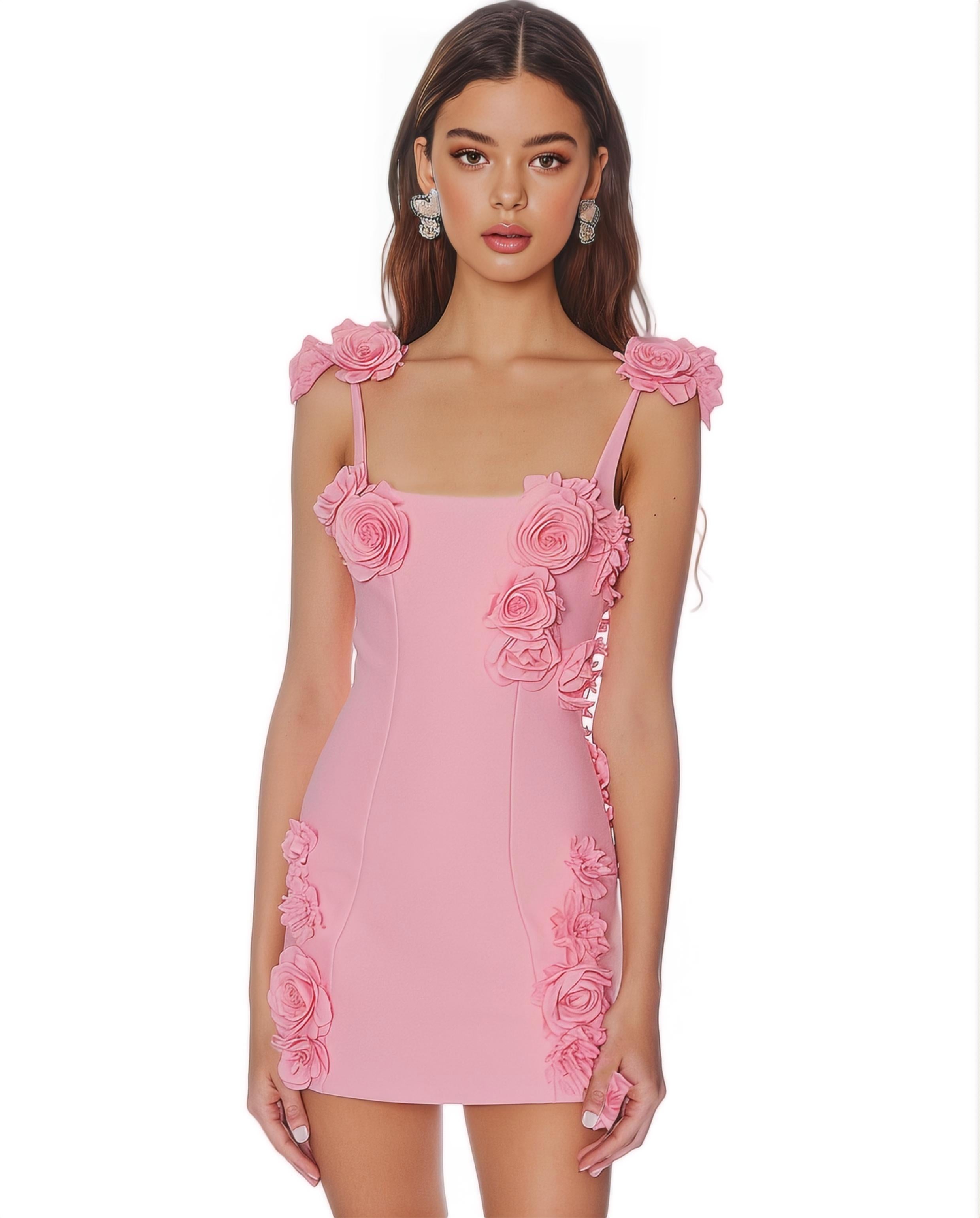 Elaina Pink Rosette Applique Mini Dress-Pink