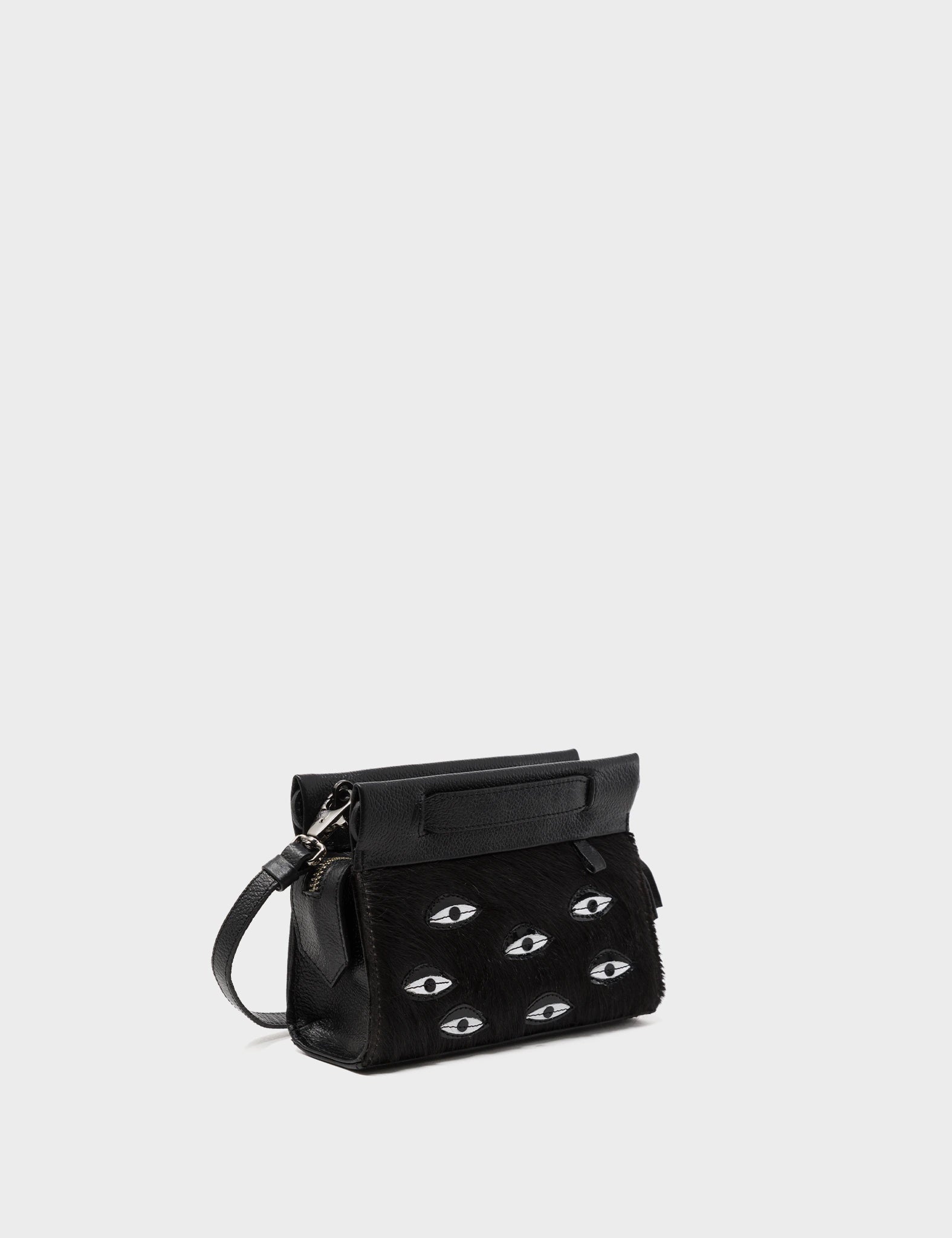 Vali Crossbody Micro Black Leather Bag - Eyes Applique Adjustable Handle